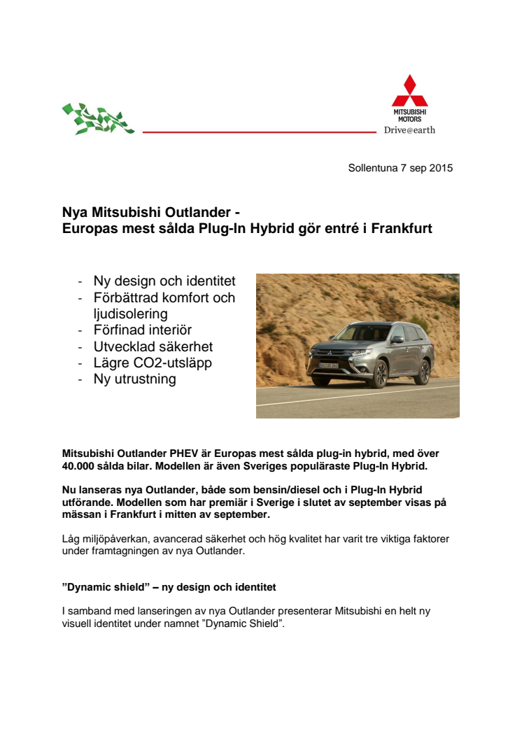 Nya Mitsubishi Outlander - Europas mest sålda Plug-In Hybrid gör entré i Frankfurt