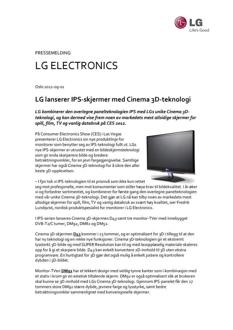 LG lanserer IPS-skjermer med Cinema 3D-teknologi