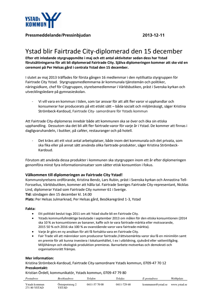 Ystad blir Fairtrade City-diplomerad den 15 december
