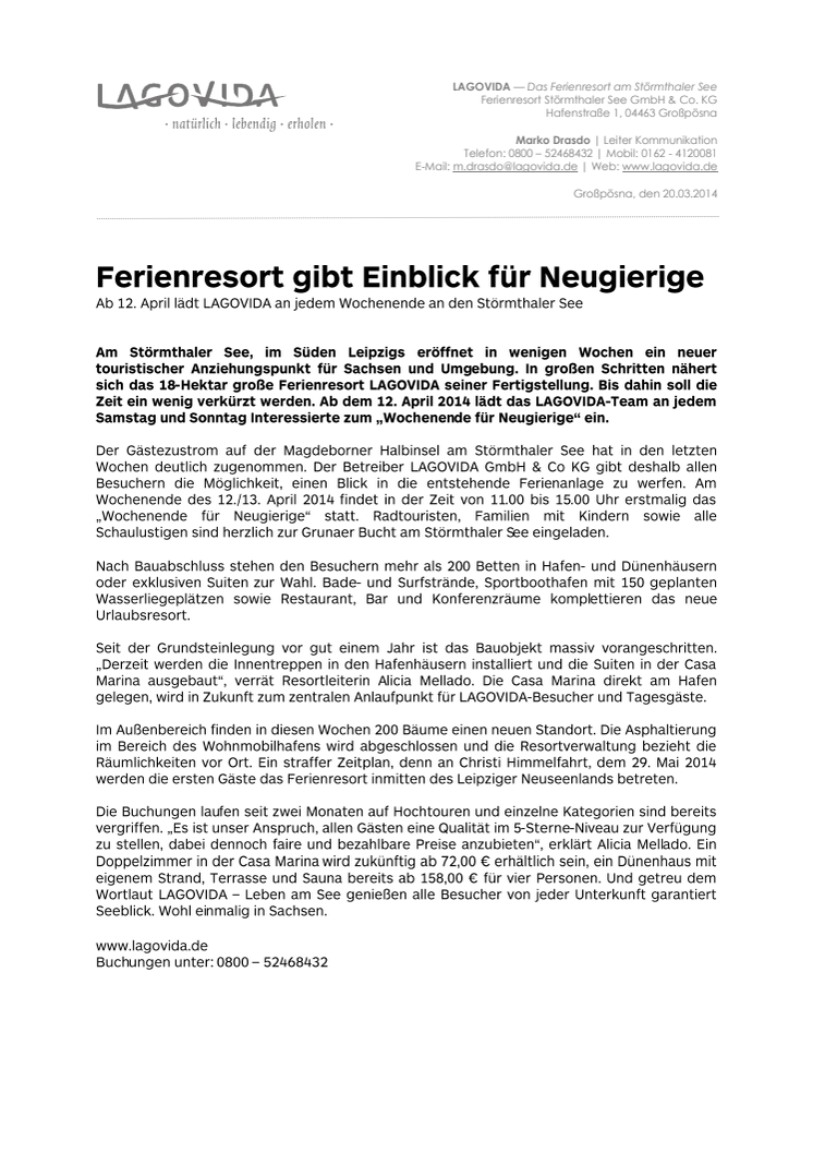 Ferienresort LAGOVIDA gibt ab 12.April Einblick für Neugierige