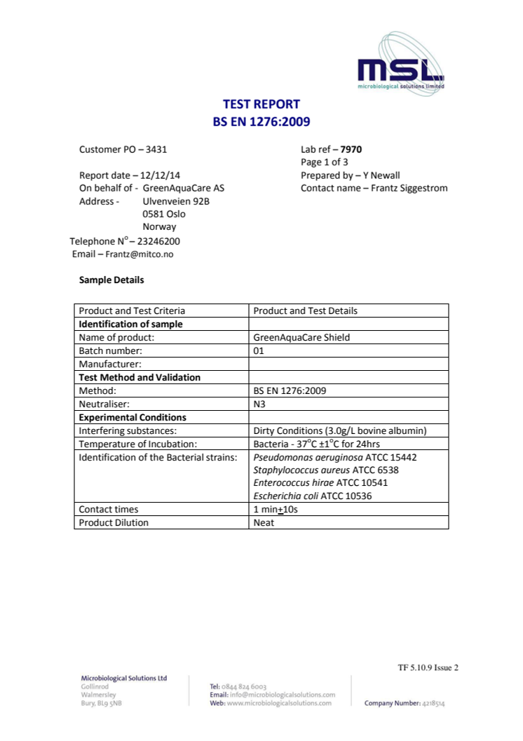 Testrapport Microbiological Solutions LTD: BS EN 1276:2009