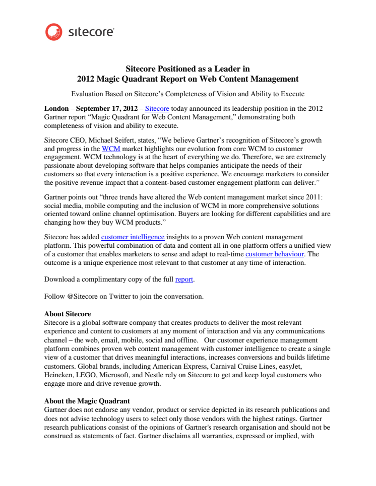 Sitecore Positioned as a Leader in  2012 Magic Quadrant Report on Web Content Management 