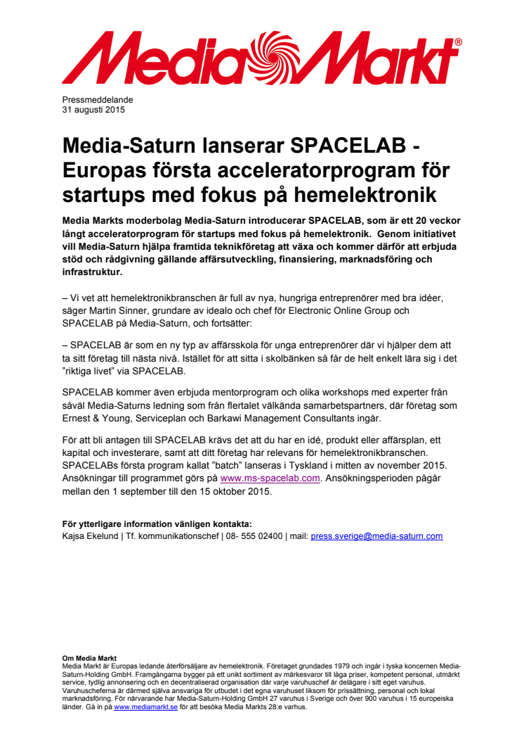 Media-Saturn lanserar SPACELAB - Europas första acceleratorprogram för startups med fokus på hemelektronik