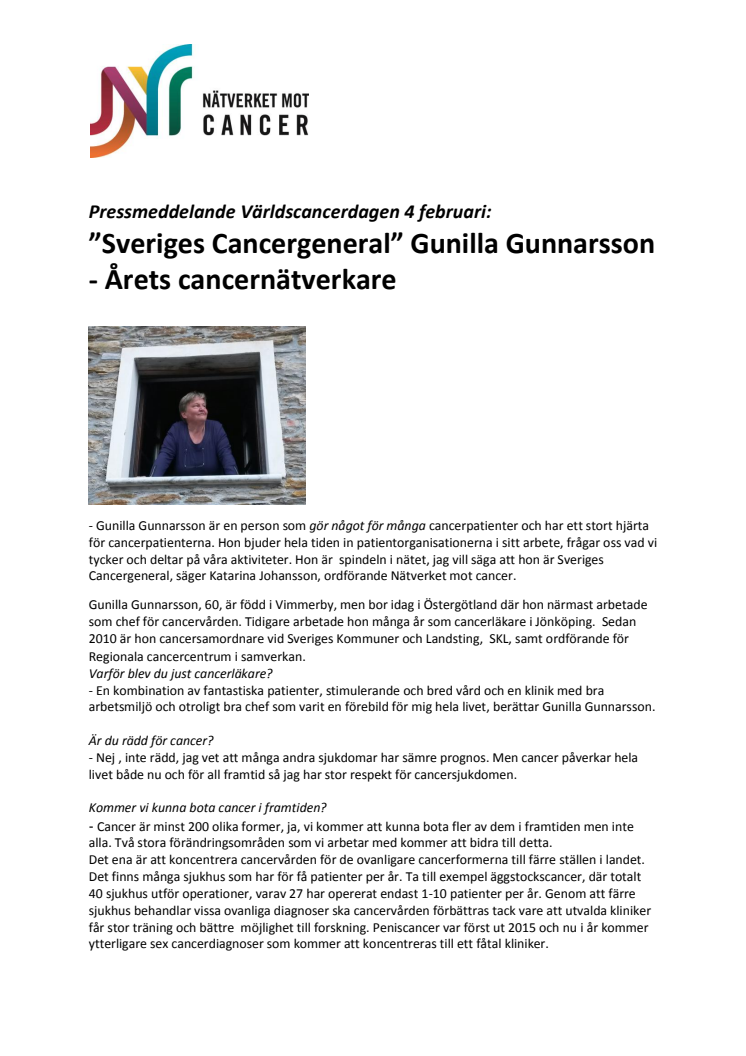 ”Sveriges Cancergeneral” Gunilla Gunnarsson - Årets cancernätverkare