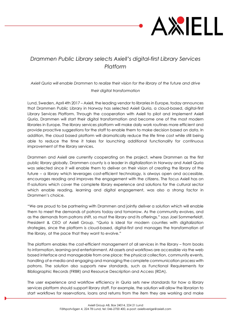 Drammen Public Library selects Axiell’s digital-first Library Services Platform