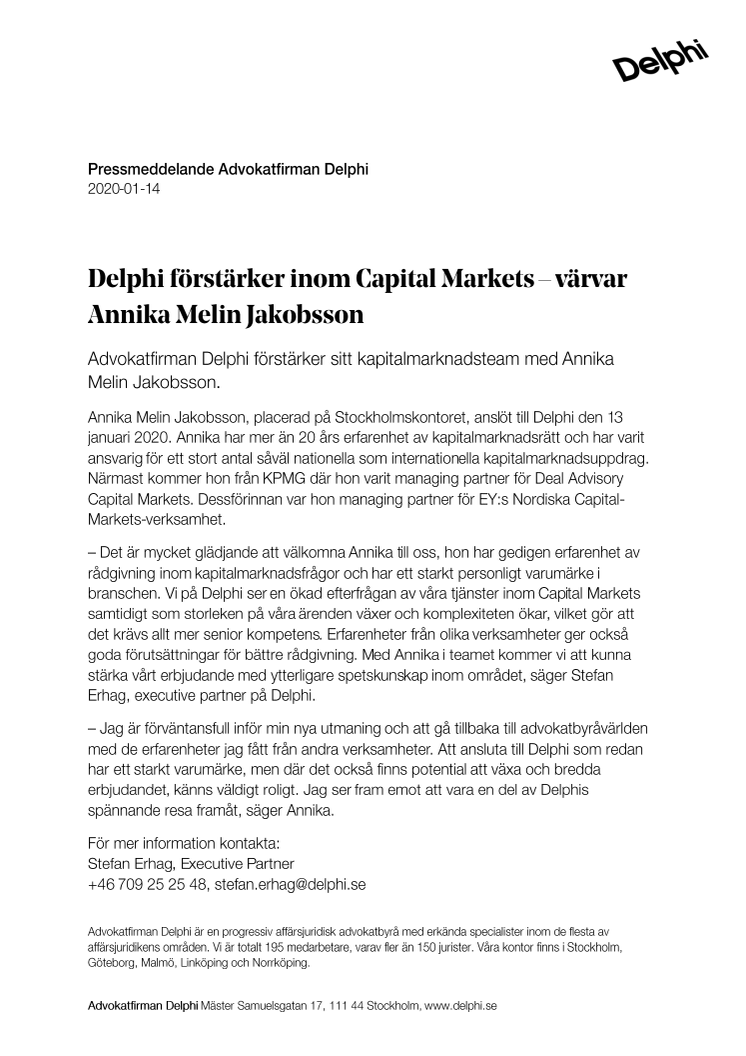 Delphi förstärker inom Capital Markets – värvar Annika Melin Jakobsson
