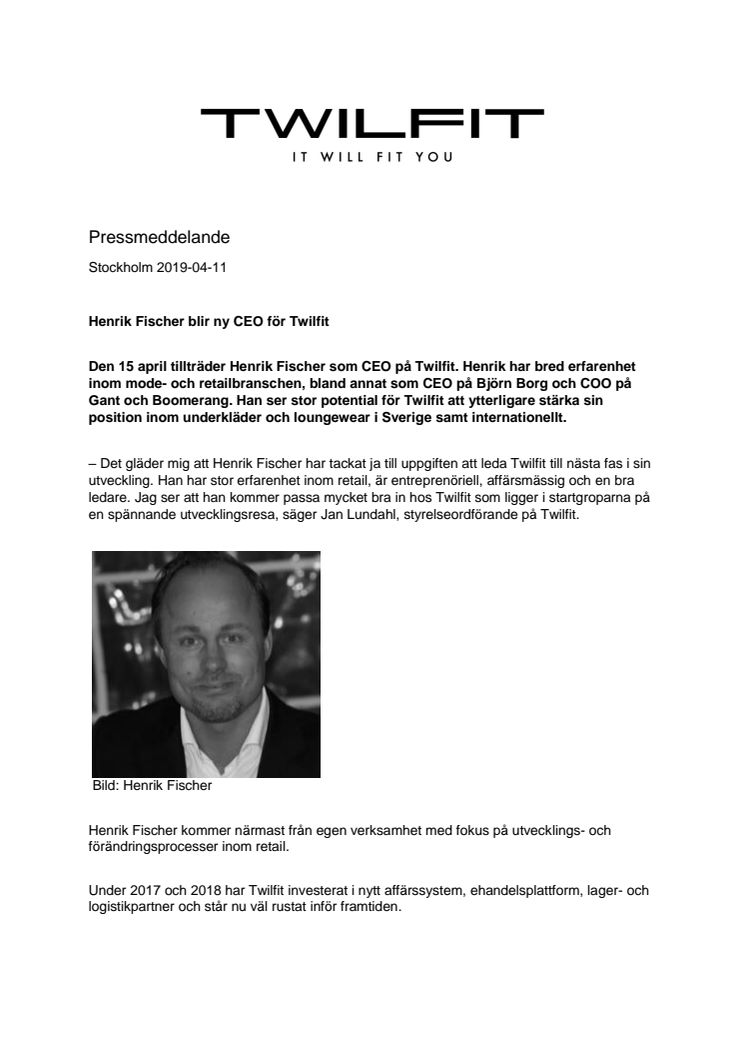 Henrik Fischer blir ny CEO för Twilfit