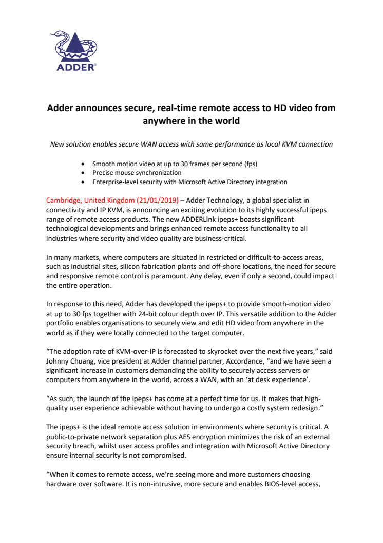 Adder announces secure, real-time remote access to HD video from anywhere in the world 
