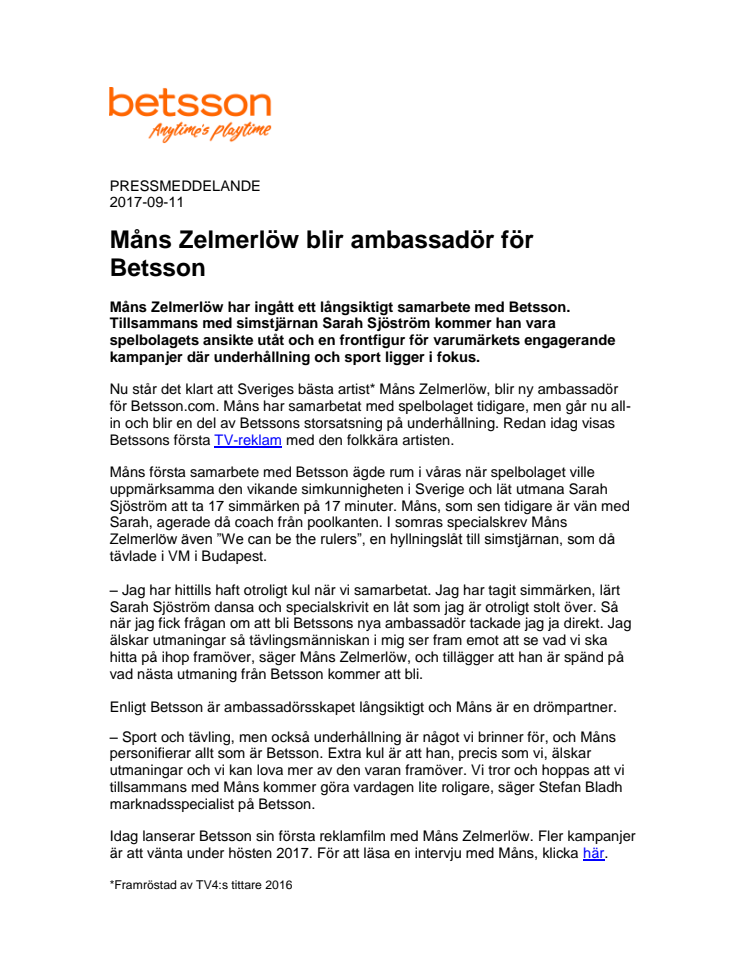 Måns Zelmerlöw blir ambassadör för Betsson