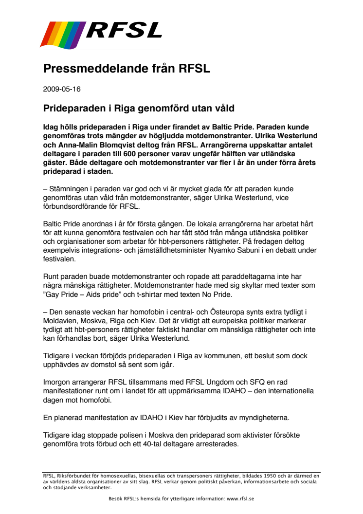 Prideparaden i Riga genomförd utan våld