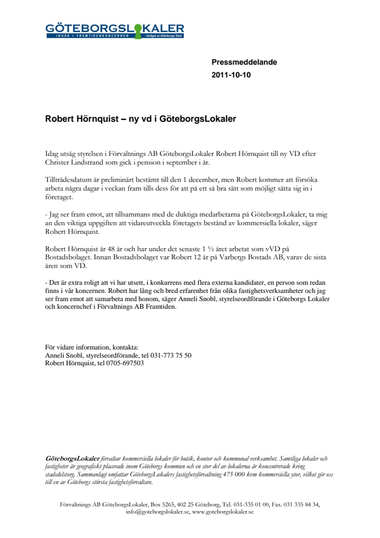 Robert Hörnquist - ny VD i GöteborgsLokaler