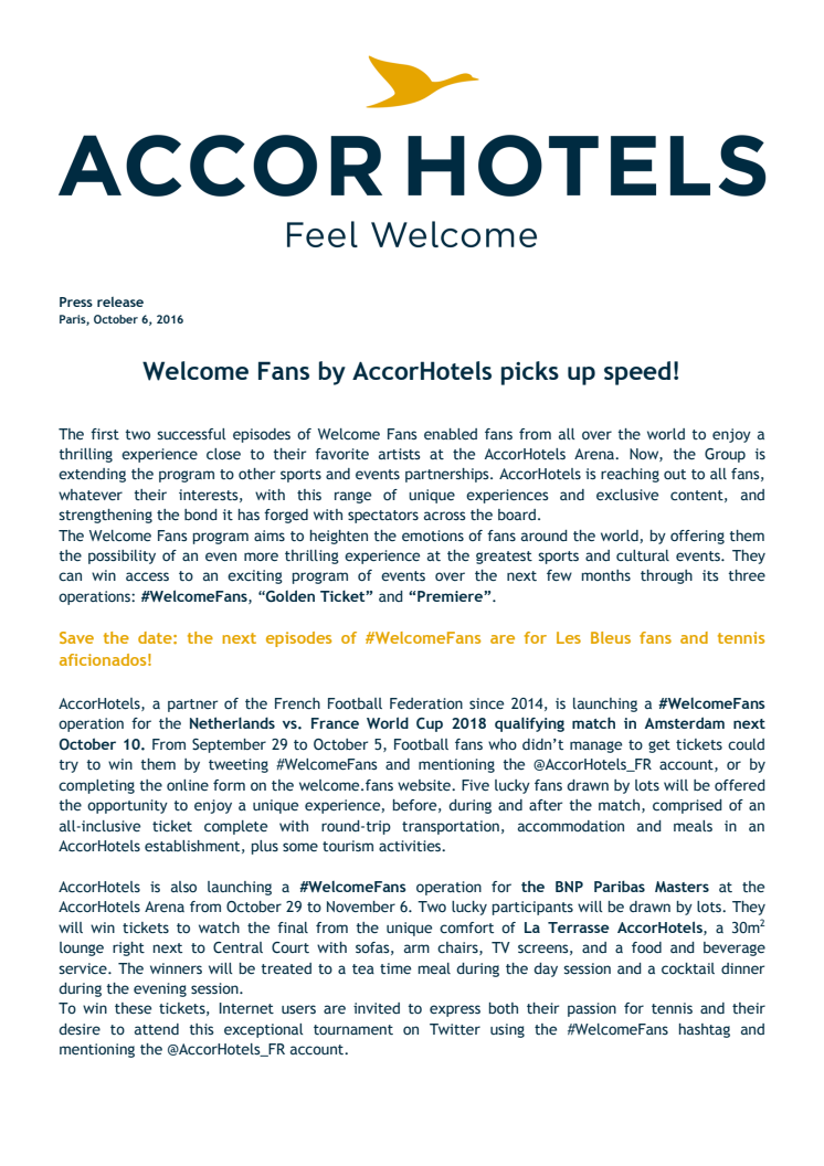 Press Release - Welcome Fans by AccorHotels