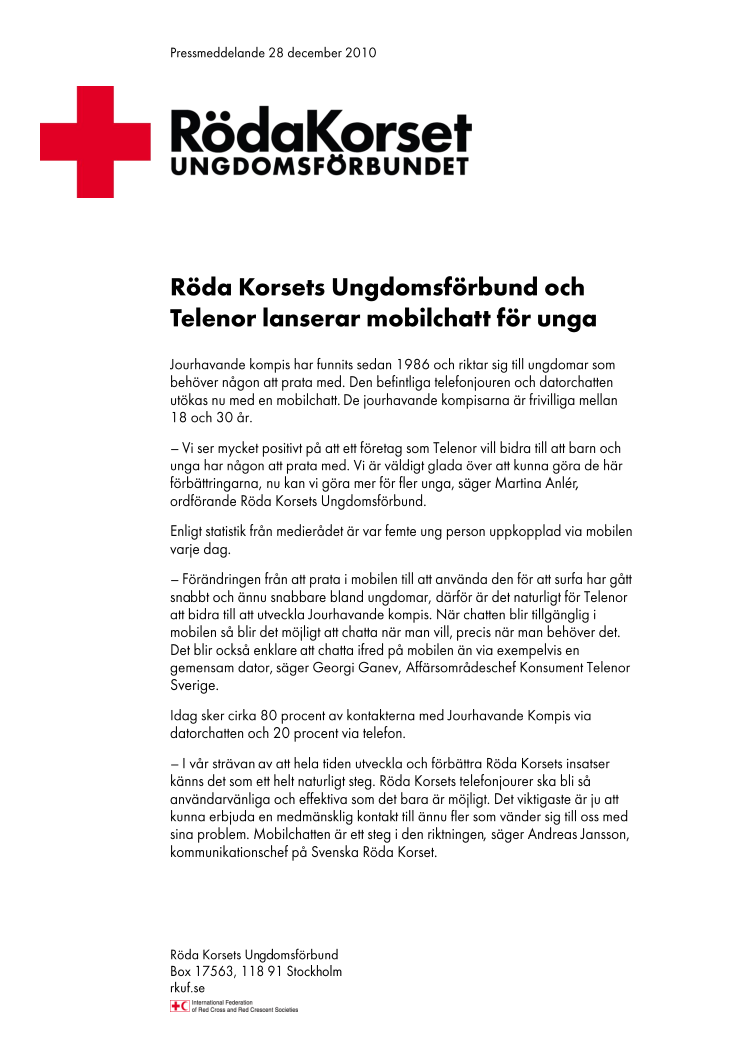 Röda Korsets Ungdomsföbund och Telenor lanserar mobilchatt för unga