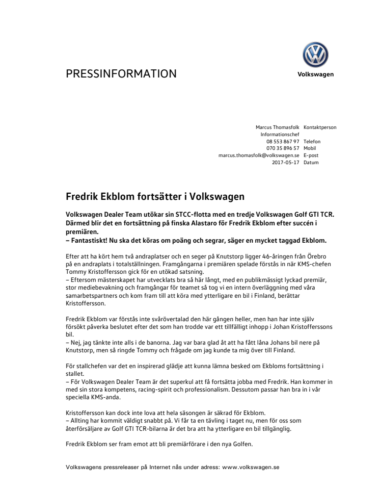 Fredrik Ekblom fortsätter i Volkswagen