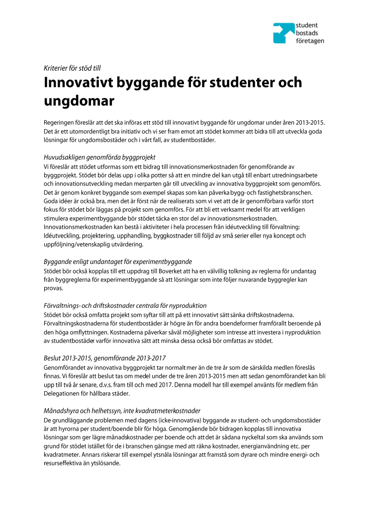 Förslag till utformning av stöd till innovativt byggande för unga och studenter