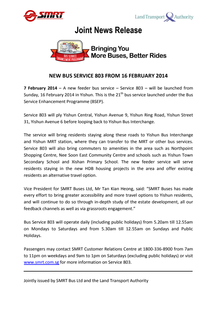 New Bus Service 803 From 16 February 2014