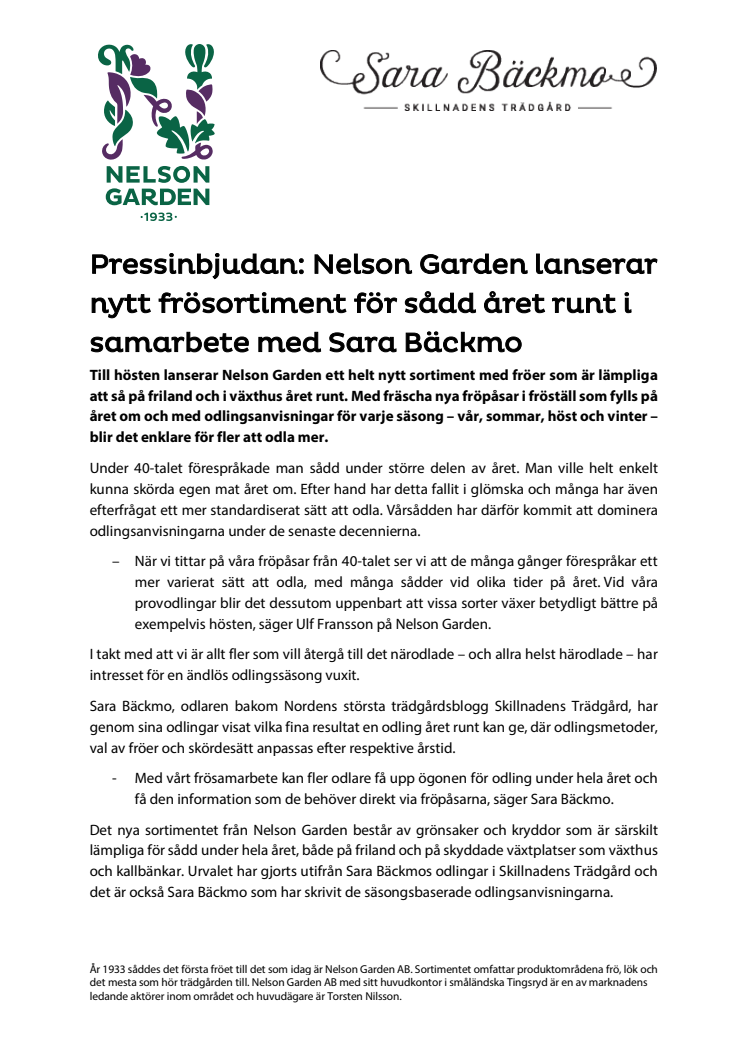 Pressinbjudan: Nelson Garden lanserar nytt frösortiment för sådd året runt i samarbete med Sara Bäckmo