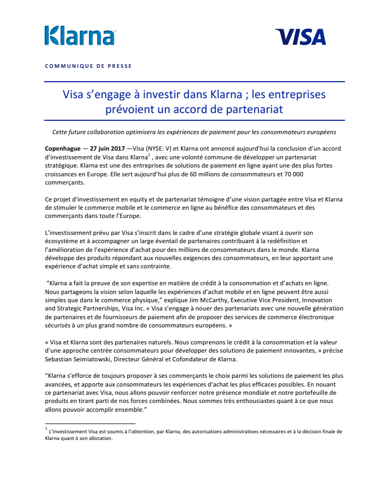 Visa s’engage à investir dans Klarna ; les entreprises prévoient un accord de partenariat