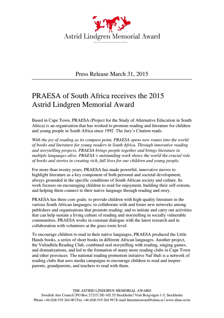 PRAESA of South Africa receives the 2015 Astrid Lindgren Memorial Award
