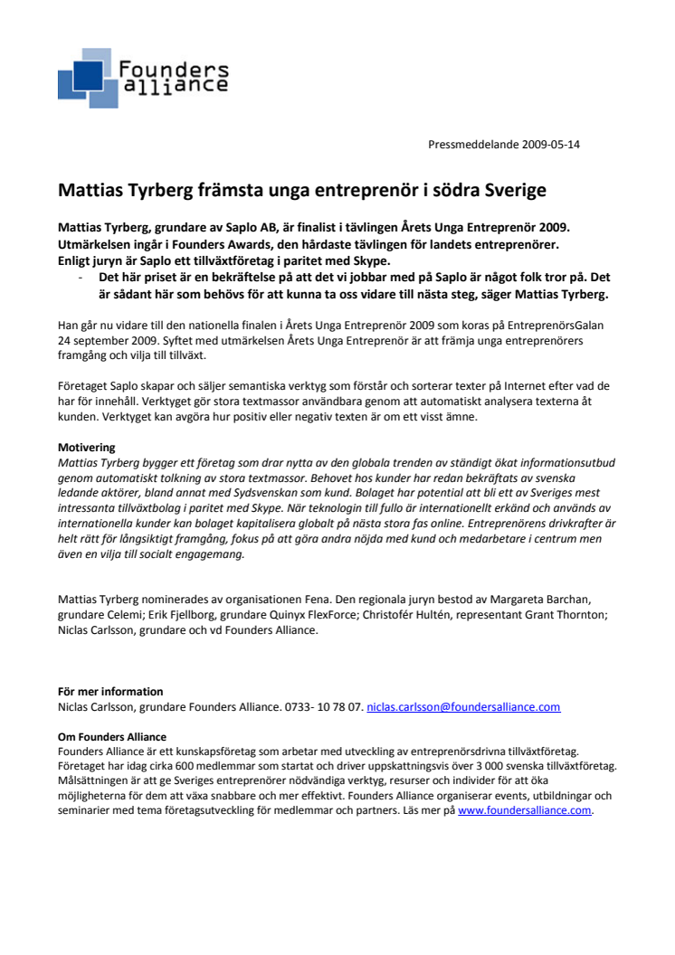 Mattias Tyrberg främsta unga entreprenör i södra Sverige