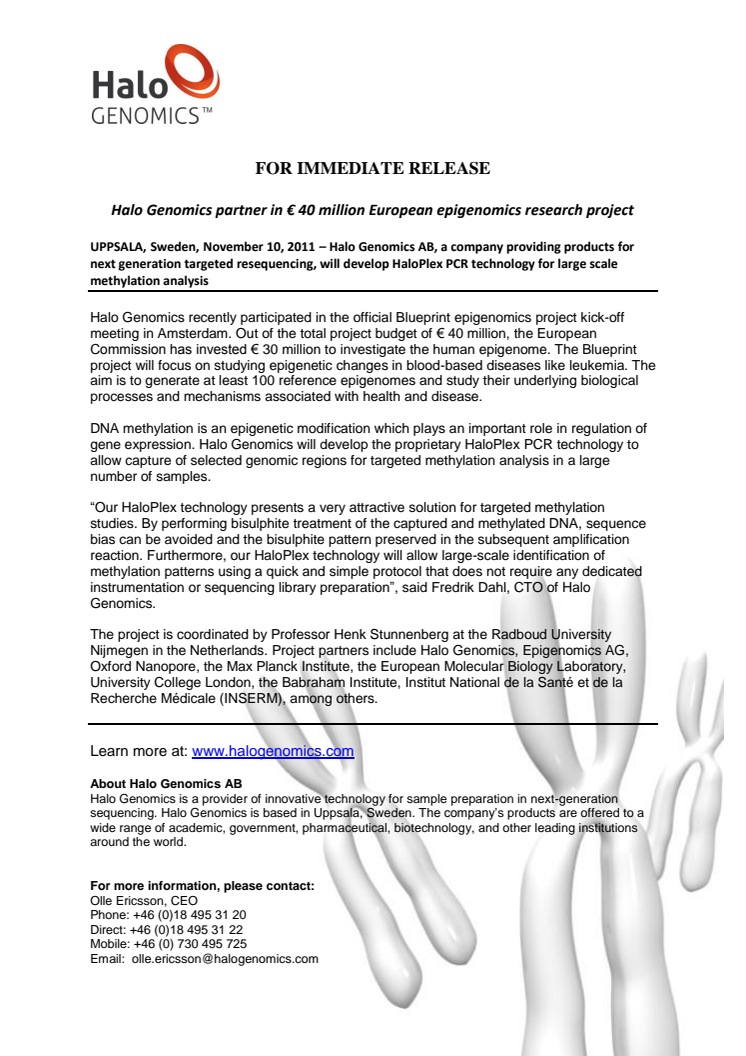 Halo Genomics partner in € 40 million European epigenomics research project