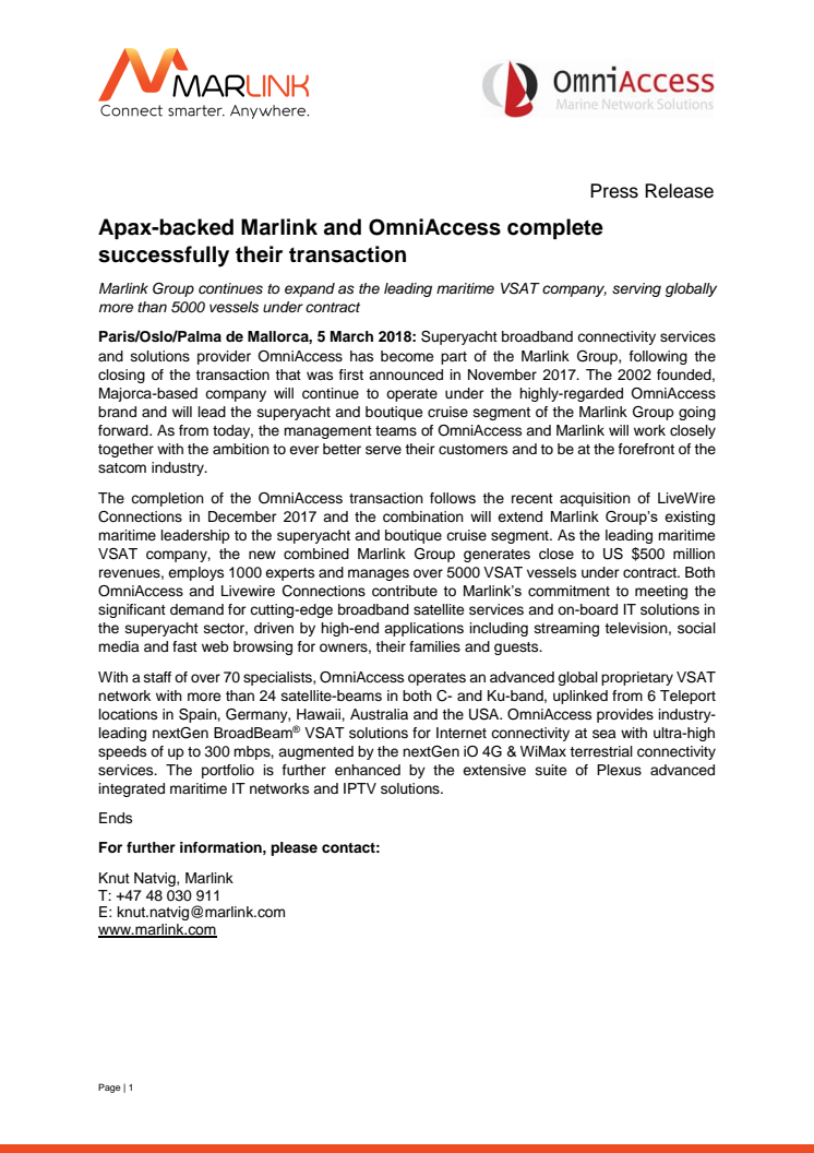Apax-backed Marlink and OmniAccess complete successfully their transaction 