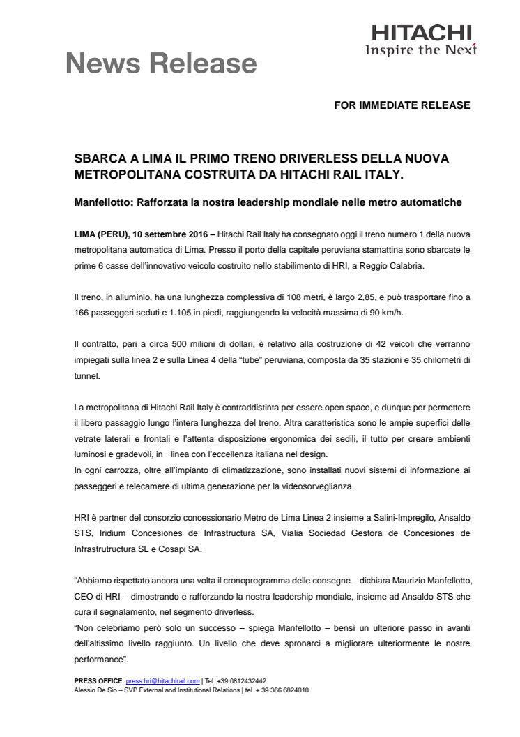 Sbarca a Lima il Primo Treno Driverless della Nuova Metropolitana costruita da Hitachi Rail Italy