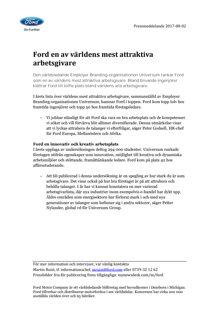 Ford en av världens mest attraktiva arbetsgivare