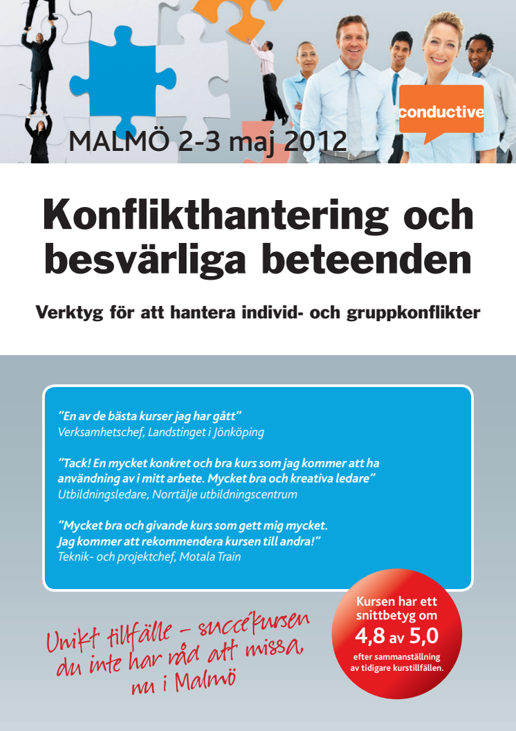 Kurs i Malmö, Konflikthantering och besvärliga beteenden, 2-3 maj 2012