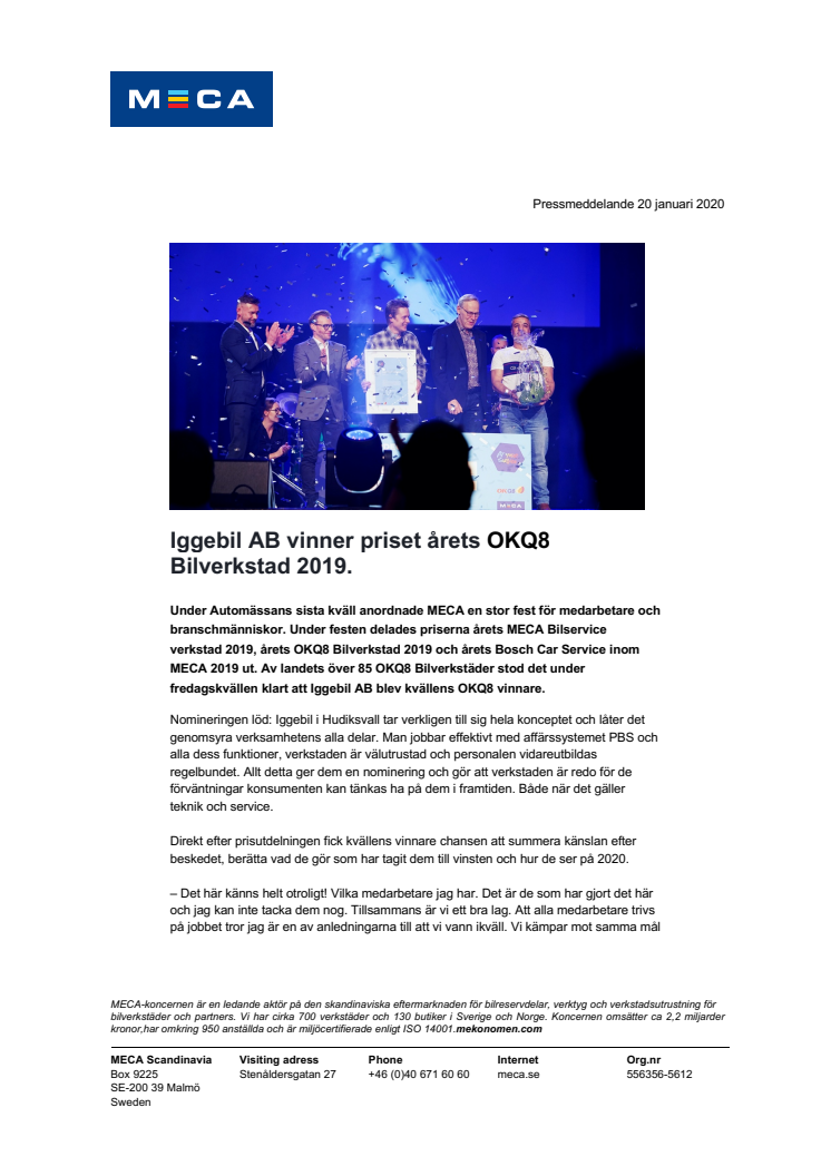 Iggebil AB vinner priset årets OKQ8 Bilverkstad 2019.