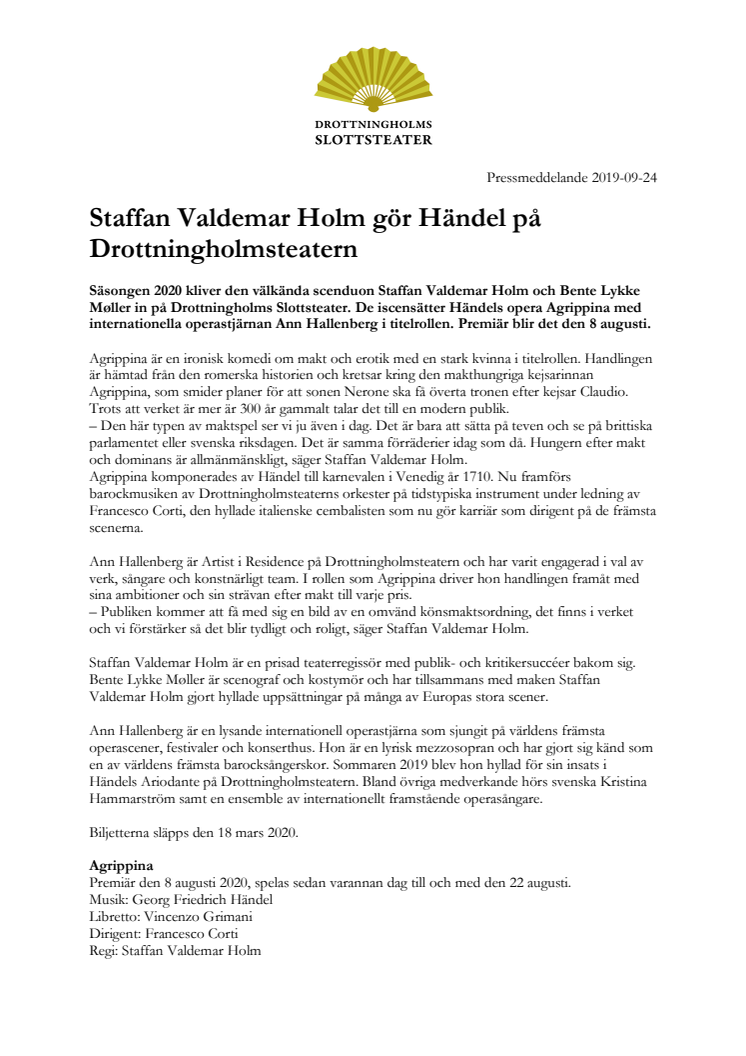 Staffan Valdemar Holm gör Händel på Drottningholmsteatern 