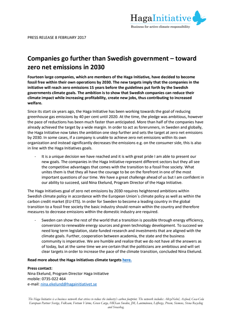 Companies go further than Swedish Government – toward zero net emissions in 2030