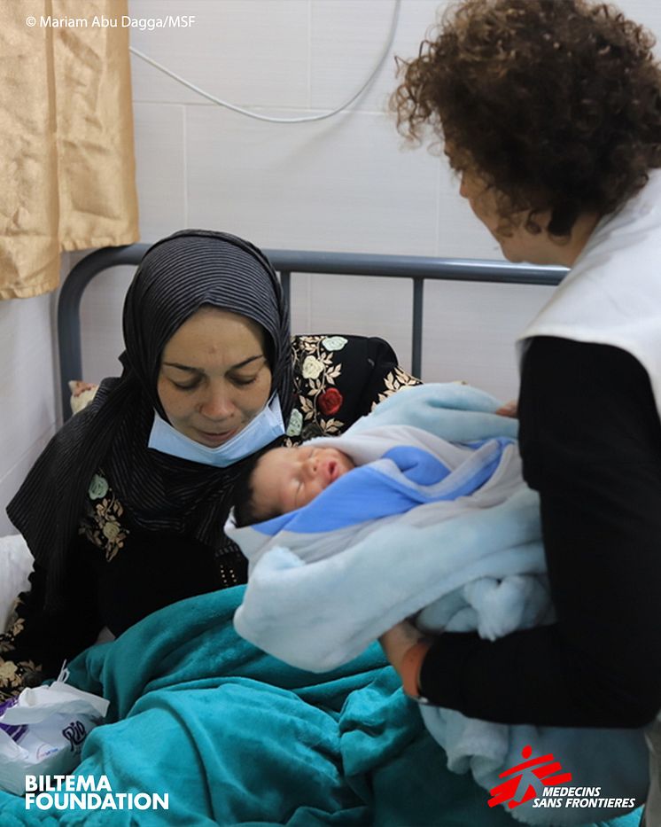 MSF midwife activity manager, Rita Botelho da Costa, checking on child born in the maternity ward of the Emirati hospital, Rafah, southern Gaza.