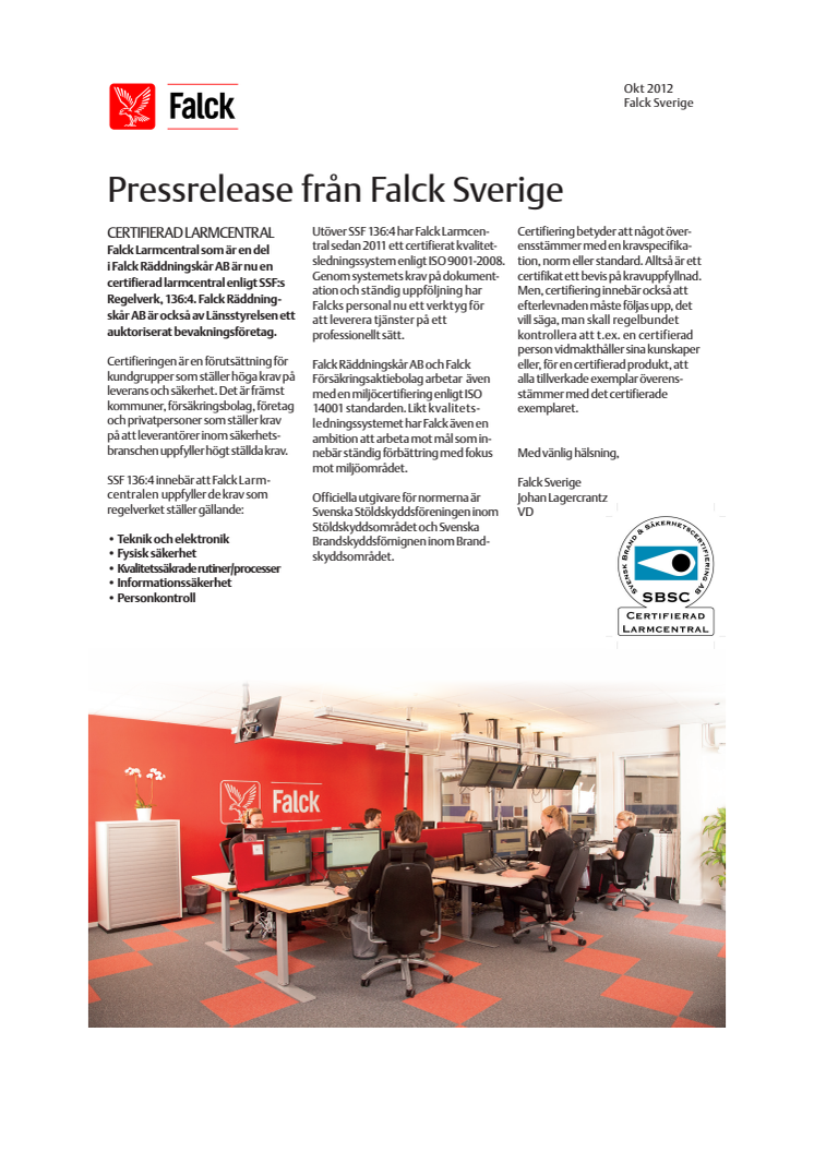 Falck Larmcentral certifierad