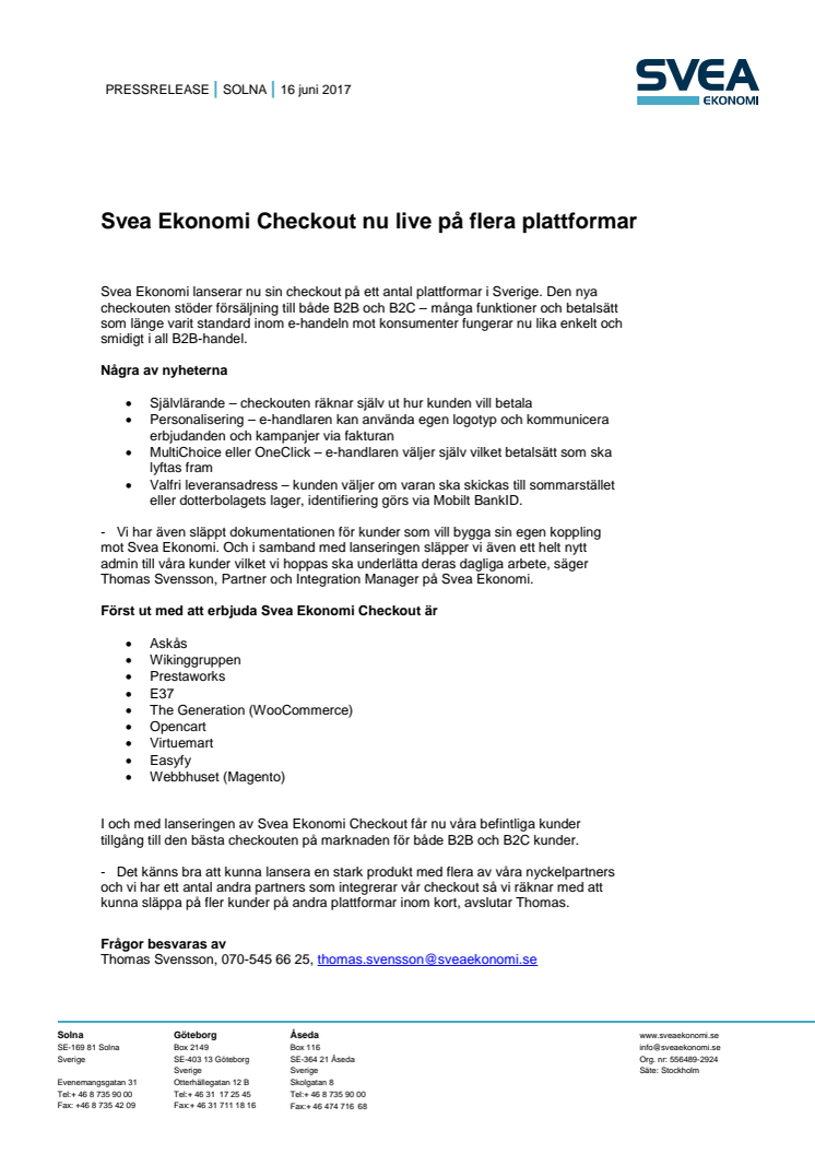 Svea Ekonomi Checkout nu live på flera plattformar