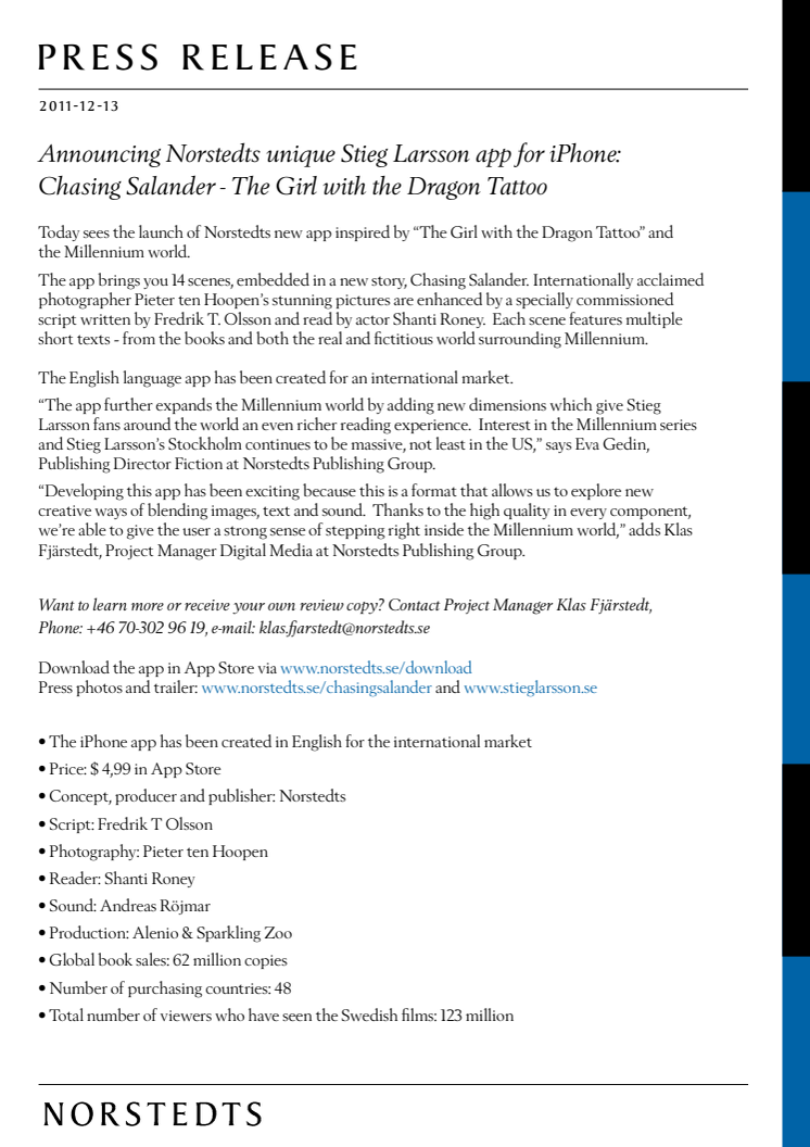 Announcing Norstedts unique Stieg Larsson app for iPhone: Chasing Salander - The Girl with the Dragon Tattoo
