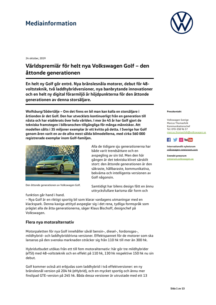 Världspremiär för helt nya Volkswagen Golf – den åttonde generationen