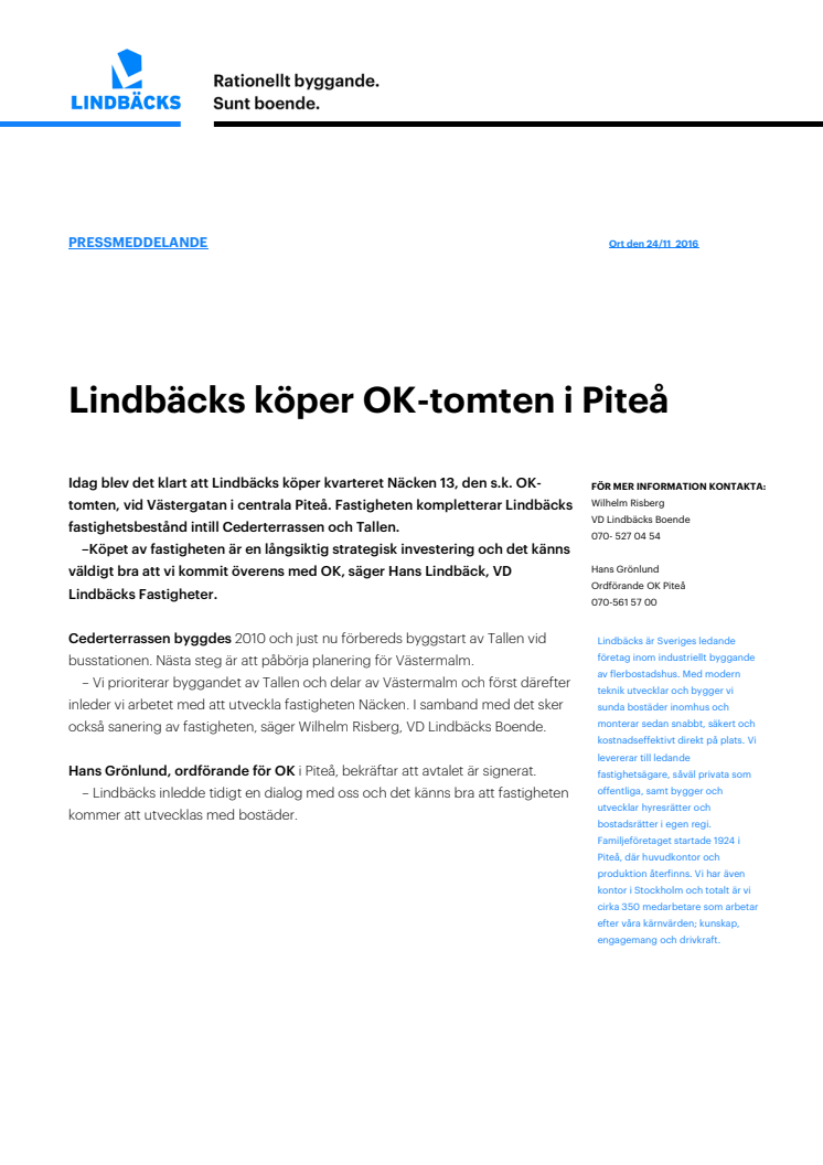 Lindbäcks köper fastighet i centrala Piteå