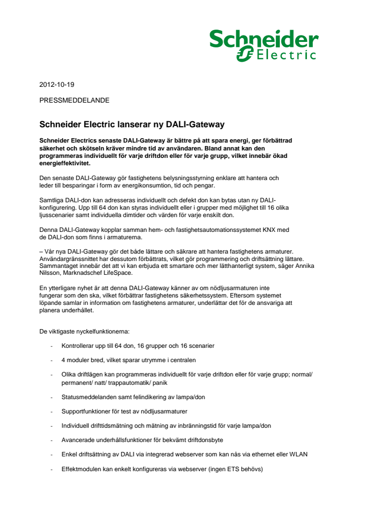 Schneider Electric lanserar ny DALI-Gateway
