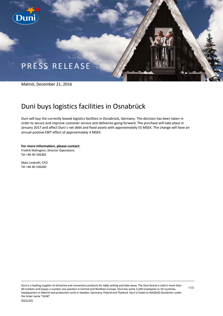 Duni buys logistics facilities in Osnabrück