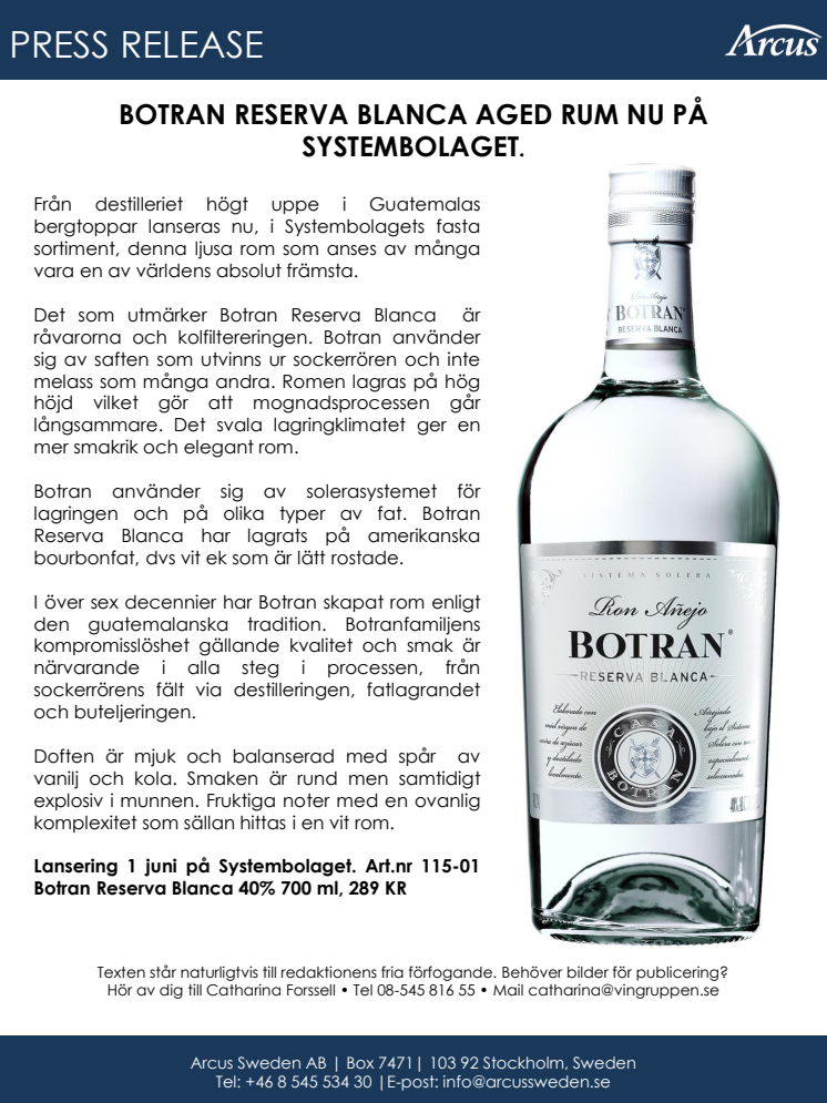 BOTRAN RESERVA BLANCA AGED RUM NU PÅ  SYSTEMBOLAGET.