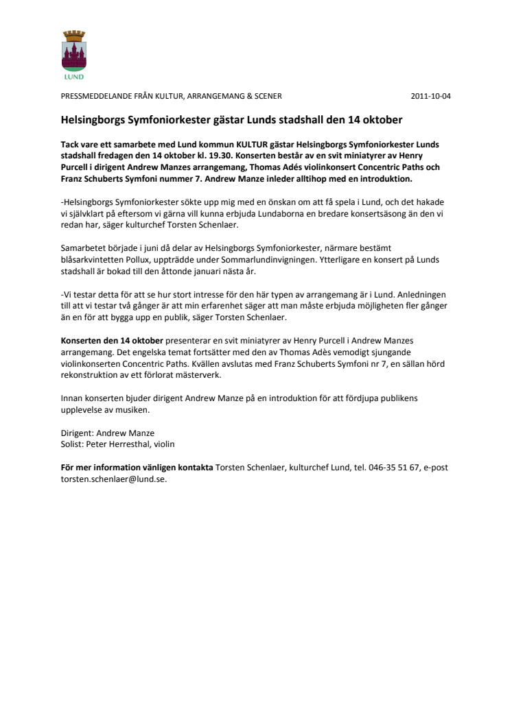 Helsingborgs Symfoniorkester gästar Lunds stadshall den 14 oktober 