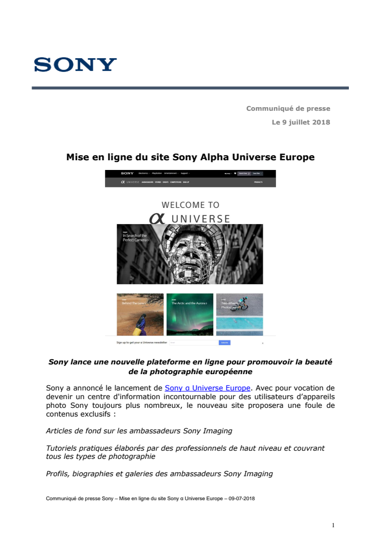 Mise en ligne du site Sony Alpha Universe Europe