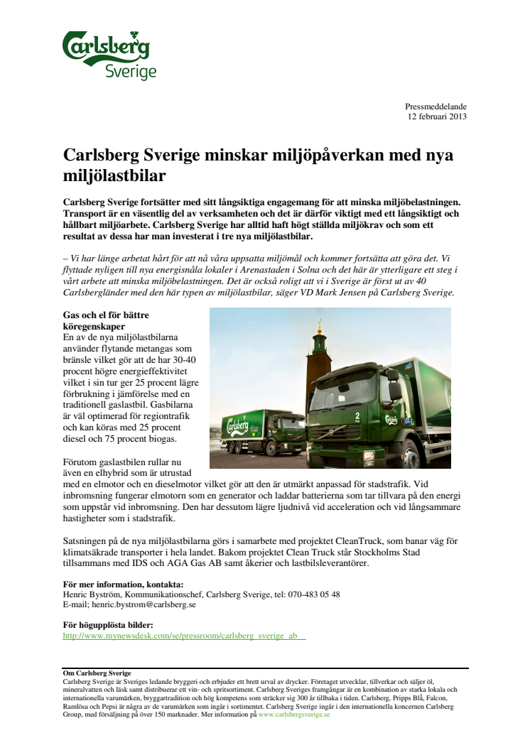 Carlsberg Sverige minskar miljöpåverkan med nya miljölastbilar 