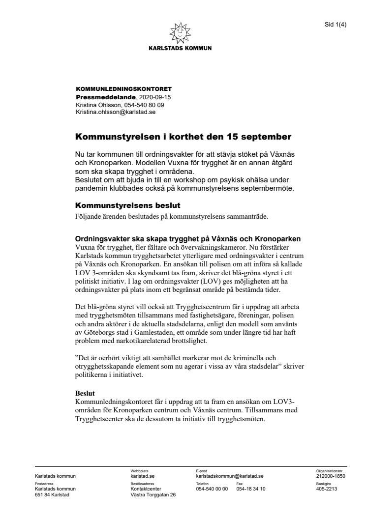 Kommunstyrelsen i korthet den 15 september