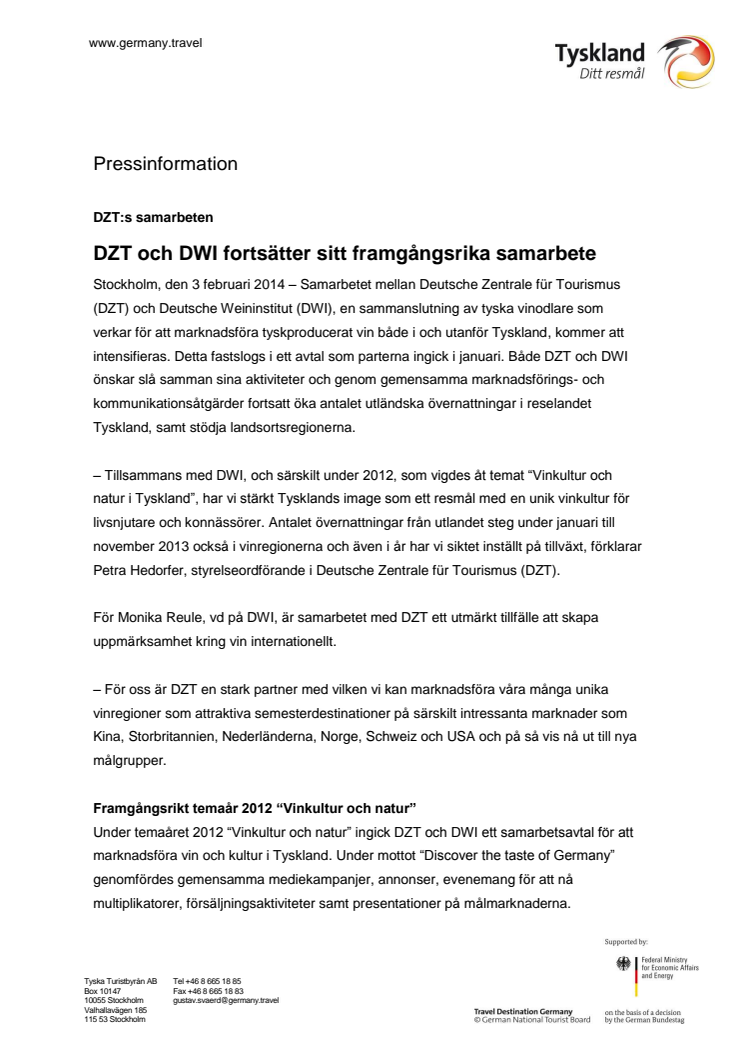 DZT och DWI fortsätter sitt framgångsrika samarbete
