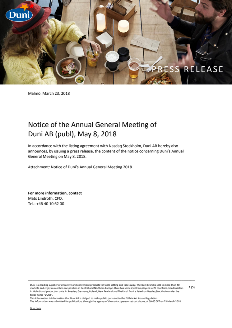 Notice of the Annual General Meeting of Duni AB (publ), May 8, 2018