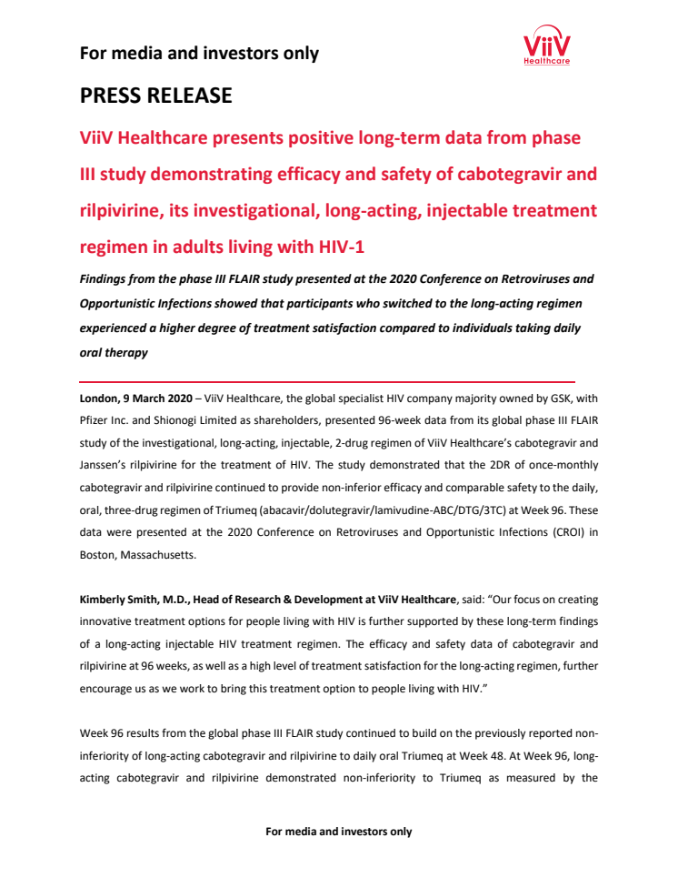 ViiV Healthcare presents positive long-term data , long-acting, injectable treatment regimen in adults living with HIV-1