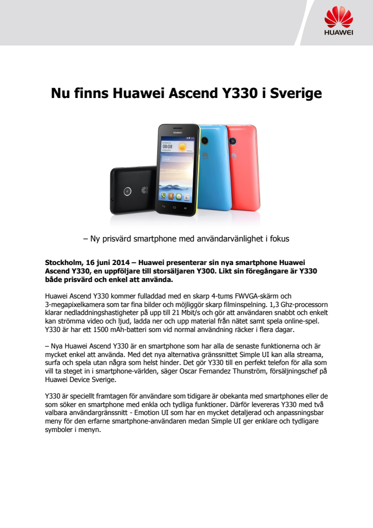 Ny prisvärd smartphone med användarvänlighet i fokus – Nu finns Huawei Ascend Y330 i Sverige