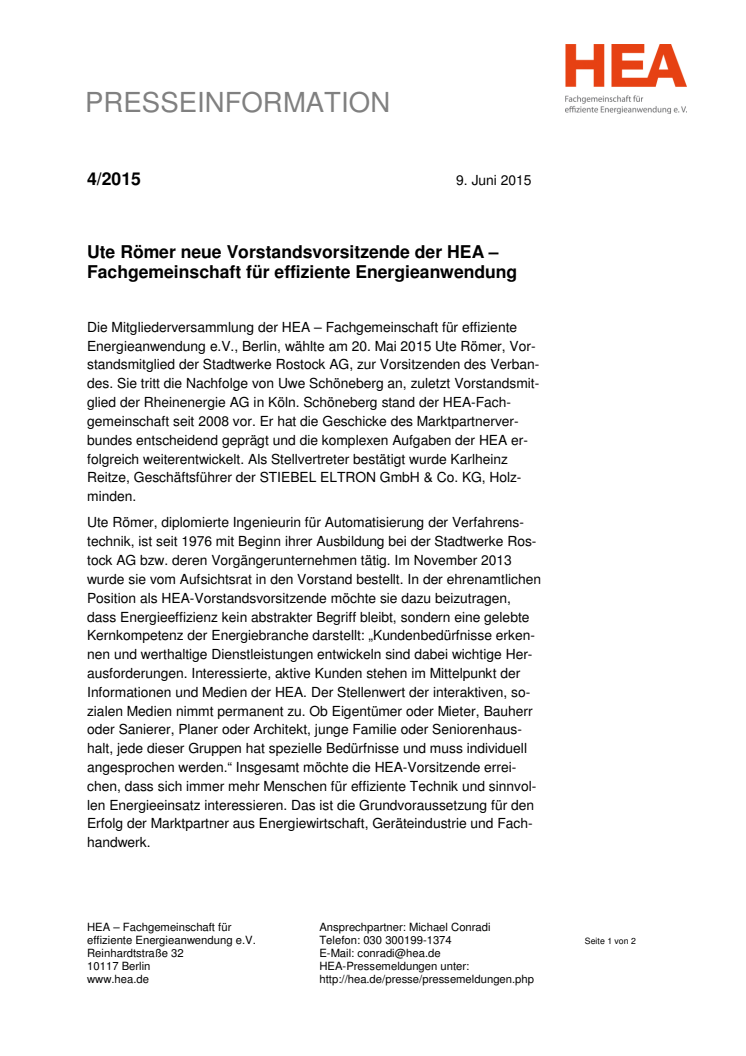 Ute Römer neue Vorstandsvorsitzende der HEA – Fachgemeinschaft für effiziente Energieanwendung